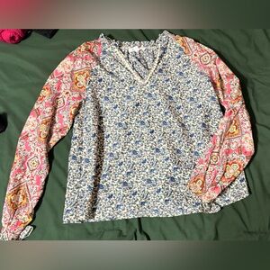 THML Mixed Floral Patchwork Blouse - Blue & Pink NWOT